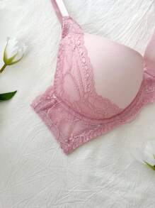 1pc Lace Trim Underwire Lingerie Bra, Pink, Kawaii - Pink - View 5