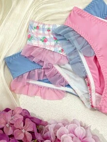 Tween Girl 3pcs Contrast Mesh Ruffle Trim Bikini Panty - Multicolor - View 3