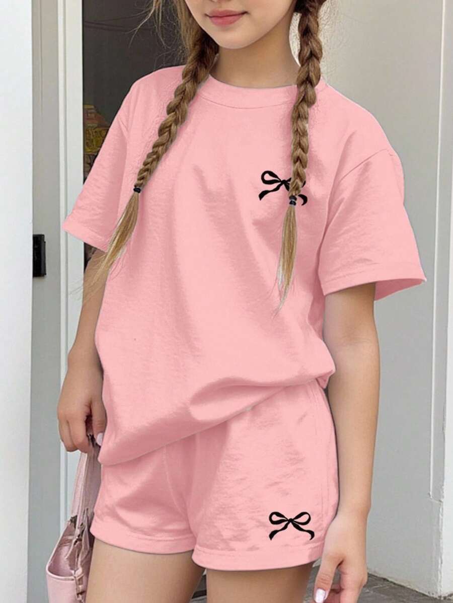 SHEIN Leap Crew 青少年女孩休闲简约蝴蝶结装饰圆领短袖 T 恤和短裤 2 件套,适合春夏季 - 彩色 - 查看 1