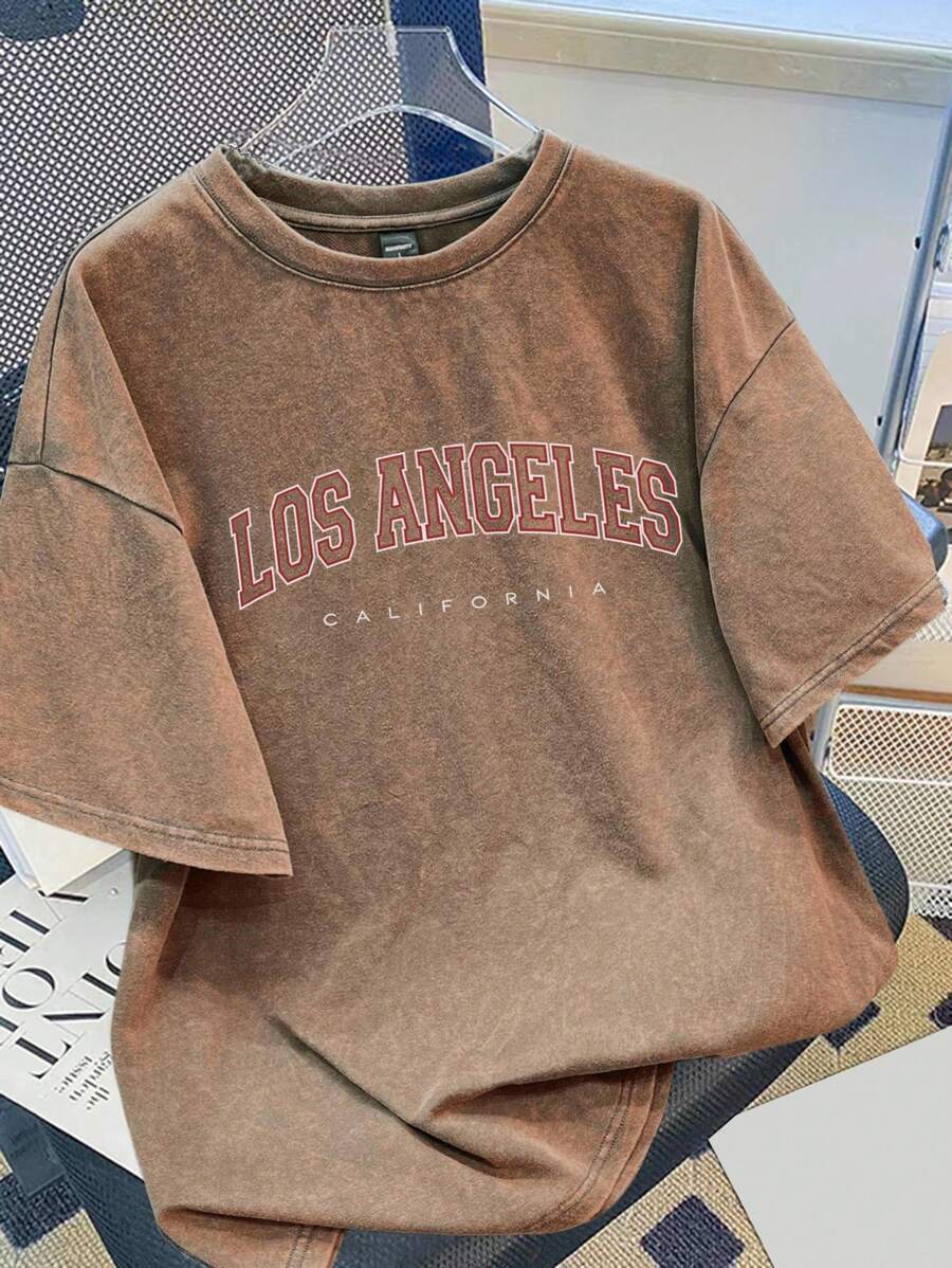 Manfinity Joysei 字母印花短袖图案 T 恤 - 咖啡棕 - 查看 1