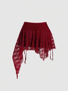 Sweetra Boho Style Knitted Lace Asymmetrical Hem Waist Gathered Mini Skirt For Women