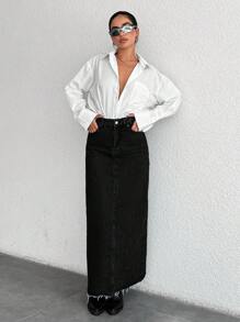 Women Long Casual Denim Skirt - Black - View 3