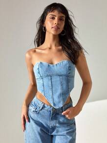 CLARA VERO Woman Back Lace Detailed Strapless Denim Top Denim Two Piece Outfits Denim Tube Top Jean Tube Top Denim Corset Top Jeans Top - Medium Wash - View 4