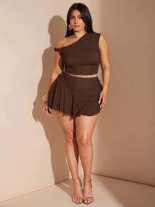 SHEIN BAE Conjunto de top fruncido de cuello asimétrico verde y falda ajustada con volantes para mujer talla grande, conjunto de 2 piezas de playa y vacaciones - Café integral - Ver 5