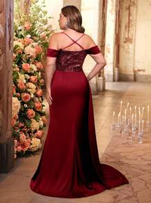 Glamrae 加大码优雅浪漫甜心领露肩腰部亮片拼接弹力缎面荷叶边侧开衩鱼尾连衣裙，适合婚礼、活动、派对、庆典和正式场合 - 酒紅色 - 查看 3