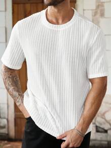 Manfinity Homme Plus Size Men's Casual Plain Color Textured Fabric Short Sleeve T-Shirt, Summer - White - View 1