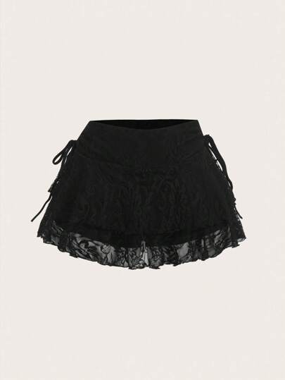 SHEIN MOD Váy ren hai lớp thắt nơ thắt eo rút dây thường ngày cho nữ, thích hợp mặc hàng ngày