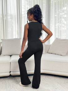 Tween Girl Black Summer It Girl Knitted Heart Cutout Sleeveless Cropped Top And Flared Pants Set,Casual Back To School Sweet Cool Bell Bottom Pants - Black - View 6