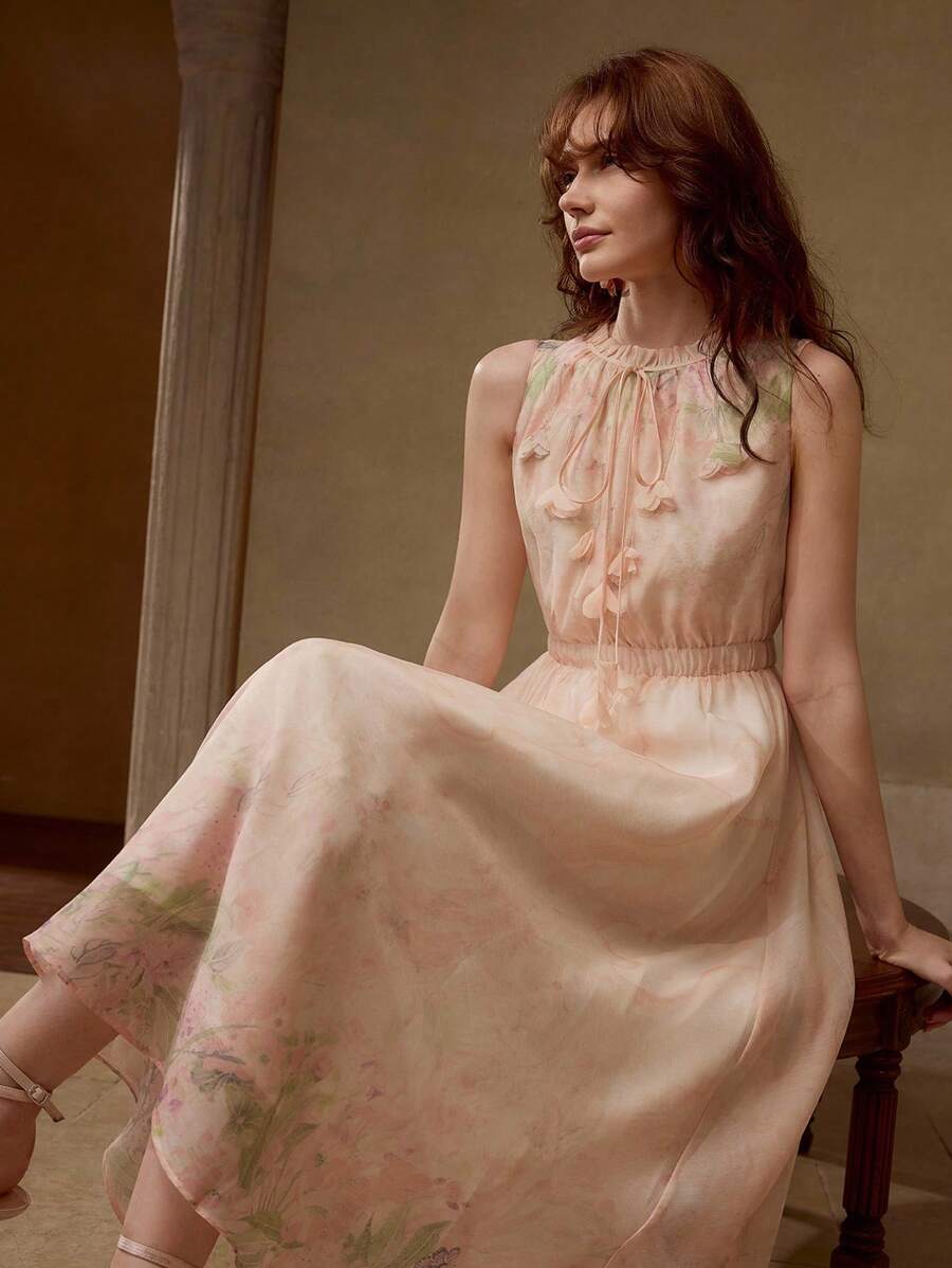 MOTF PREMIUM VÁY CỔ THẮT NƠ IN HOA - Hồng - Xem 1