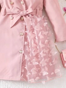 SHEIN Elegant Young Girl Jacket With Collar, Long Sleeves, Belt, Butterfly Mesh Pattern On Left Side, Charming And Beautiful Gift Choice Girls Dress Coat Butterfly Dress For Girls Pink Dress Coat For Girls Girls Long Sleeve Dress Little Girl Dress Coat Long Sleeve Dress For Girls Girls Coats,In Fall/Winter - Pink - View 3