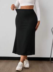 SHEIN PETITE CURVE 大码女式纯黑色美人鱼下摆半身裙 - 黑色 - 查看 3