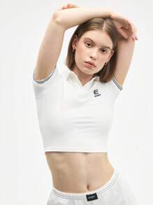 Gameset SHEIN Sport 女式字母条纹短袖日常健身 Polo 衫 - 白色 - 查看 4