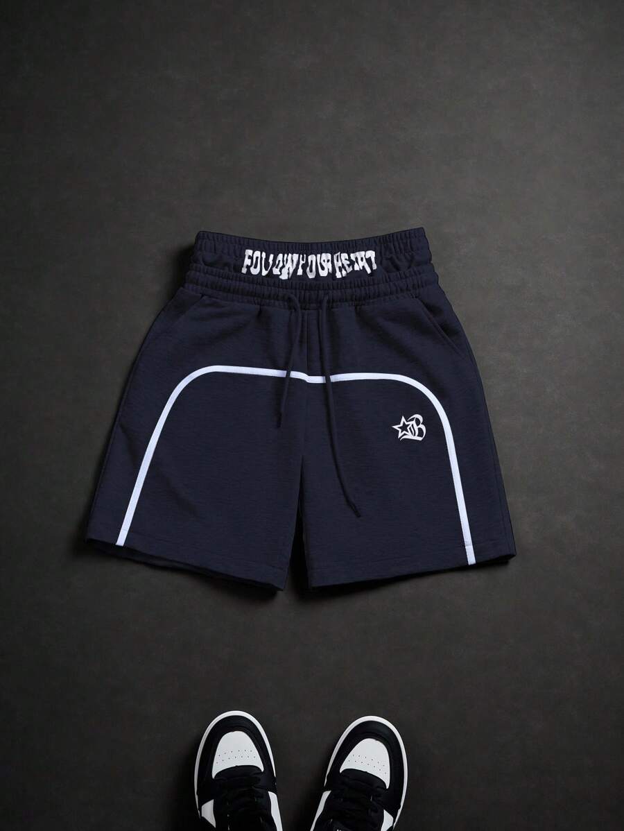 PAVTROS 印花抽绳腰宽松休闲男士短裤，夏季 - 藏蓝色 - 查看 1