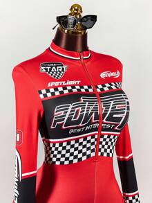 Amplova Y2k Carnival Costume Jumpsuit With Motorcycle Graphic And Stand-Up Collar - Black - View 6