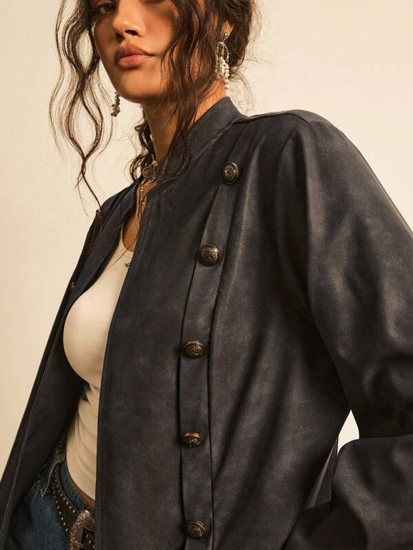 Freevana Plus Size Women's PU Leather Button Decor Drop Shoulder Loose Fit Jacket, Autumn