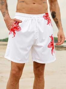 Manfinity VDAYZ 男士花卉印花抽绳腰沙滩短裤 - 紅白色 - 查看 4