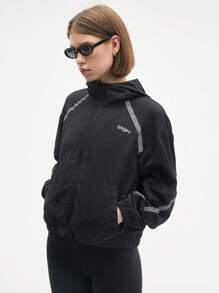 Eassivo Eassivo 女士字母印花拼接夜光带插肩袖连帽运动夹克 - 黑色 - 查看 4