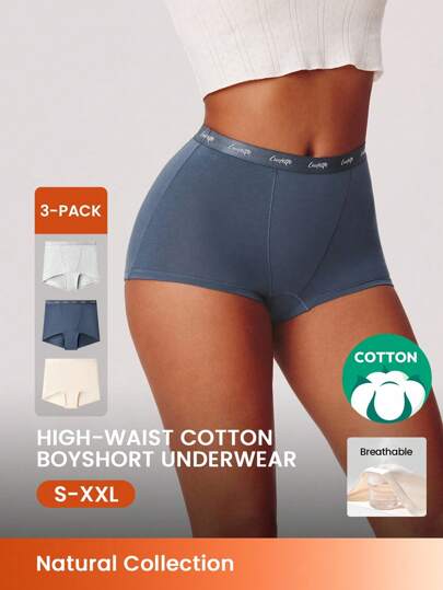 LUVLETTE paquete de 3 boxers de algodón cómodos y transpirables con logo de talle alto para mujer talla grande. Lencería adecuada también para adolescentes, jóvenes y niñas