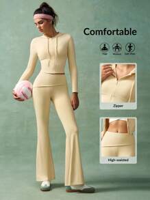 VARSIVA Women Solid Color Hooded Zipper Jacket And Pants Workout Women Sets - Yellow - View 1