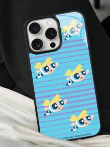 THE POWERPUFF GIRLS X SHEIN Funda de teléfono de moda con estampado de rayas y dibujos animados con ribete negro