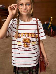 HARRY POTTER X SHEIN 青少年女孩复古运动学院休闲风格白色格兰芬多徽章条纹图案宽松 T 恤，适合夏季、学校和户外活动 - 白色 - 查看 9