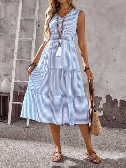 EMERY ROSE 女式度假条纹褶皱腰荷叶边下摆休闲无袖中长连衣裙 蓝白条纹连衣裙中长夏季连衣裙 休闲中长连衣裙 女式度假连衣裙 女式休闲太阳裙 女式优雅优雅连衣裙 返校节连衣裙 女式休闲连衣裙 女式秋季连衣裙 度假连衣裙 女式工作连衣裙 女式休闲连衣裙 女式休闲连衣裙 派对飘逸连衣裙 女式西式连衣裙 度假连衣裙 外出连衣裙 毕业礼服 毕业
