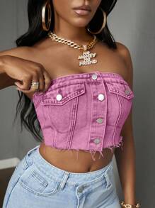Slaydiva 夏季街头时尚前扣磨边短款上衣 - 粉色 - 查看 5