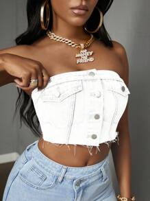 Slaydiva Women's Summer Casual Street Fashion Cutoff Raw Edge Fitted Cropped Denim Tank Top - White - View 5