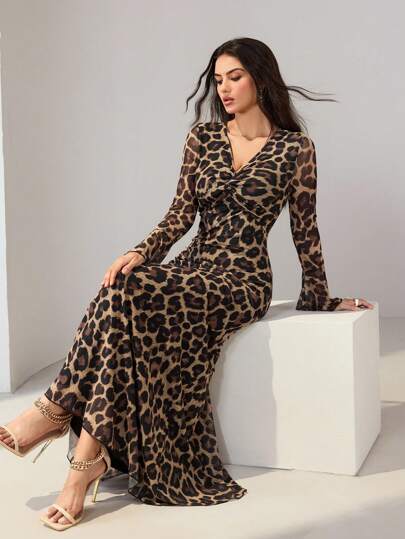 Modelyn V-Neck Flare Sleeve Romantic & Elegant Fitted Dress For Women, Spring/Summer Leopard Print Dress Leopard Dress Cheetah Print Dress Animal Print Dress Long Sleeve Maxi Dress,Women's Summer Long Shirts Women's Tops, Casual Women's Outfits, Fall Women's Preppy Tops Birthday Women's Luxury Women's Evening Dresses,Women Stylish Casual Fall Autumn Outfits, Cute Vintage Modest Women Outfits, Back To School School Outfits, Back To School Dresses, Women Teacher Outfits,Leopard Print Dress