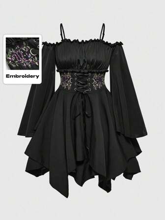 Vintage Gothic Floral Snake Embroidery Off Shoulder Asymmetrical Hem Flare Sleeve Dress