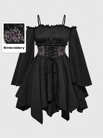 Vintage Gothic Floral Snake Embroidery Off Shoulder Asymmetrical Hem Flare Sleeve Dress