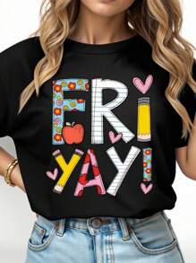 SHEIN Unity Áo thun họa tiết chữ cổ tròn tay ngắn cỡ lớn cho nữ, mùa hè - màu đen - Xem 1