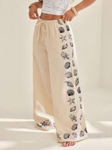 SHEIN PETITE 女士休闲假日贝壳和海星印花宽松裤