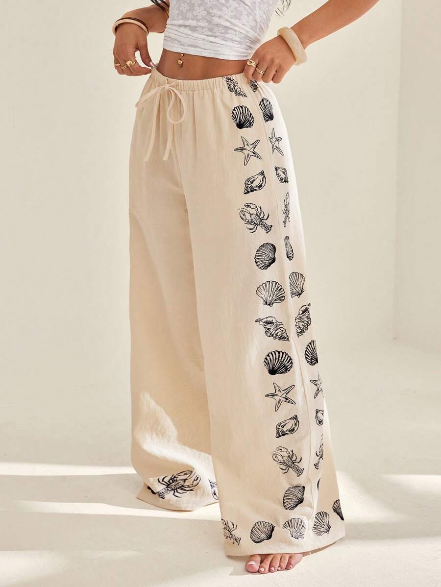 SHEIN PETITE 女士休闲假日贝壳和海星印花宽松裤