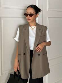 DAZY 女士宽松无袖马甲，商务休闲西装外套款式，适合夏季 - 卡其色 - 查看 2