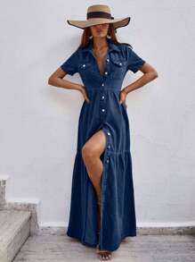 EURMUSE Women's Casual Denim Short Sleeve Denim Dress - Royal Blue - View 3