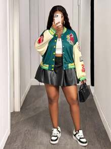 Slaydiva Spring & Autumn 2025 New Street Casual & Daily Casual & College Style Green & Beige Contrast Color Loose 24 Number & Slogan Print Long Sleeve Front Open Women Plus Size Short Jacket Winter Fall