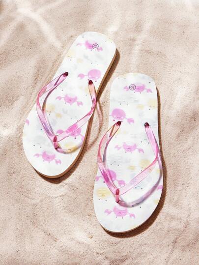 Grefit 女士时尚舒适卡通印花人字拖，度假沙滩人字拖，防滑动物图案可爱设计