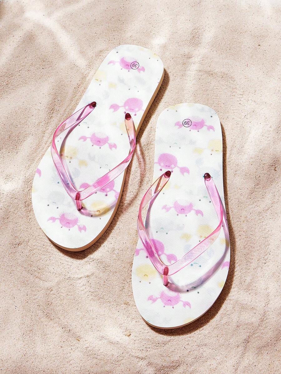 Grefit 女士时尚舒适卡通印花人字拖，度假沙滩人字拖，防滑动物图案可爱设计 - 藍白色 - 查看 1