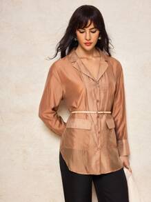 MIRENZI Camisa transparente grande cáqui sólida feminina verão outono casual camisa top - Caqui - Ver 6