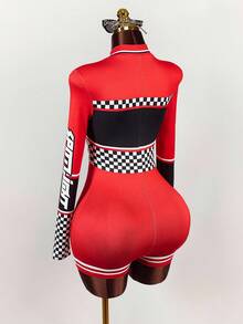 Amplova Y2k Carnival Costume Jumpsuit With Motorcycle Graphic And Stand-Up Collar - Black - View 9