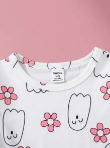 SHEIN BABY GIRL Autumn Pink 2Pcs Set, Cute Printed Top With Delicate Embroidery Detail, Everyday & Outdoor Essentials - Pink - View 5