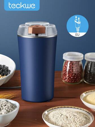 Teckwe 電動コーヒーグラインダー スパイスグラインダー コーヒー豆 ハーブグラインダー ワンタッチプッシュボタン式粉砕機 ハーブ、スパイス、ナッツ、穀物、コーヒー豆に最適(ブルー)- EUプラグ