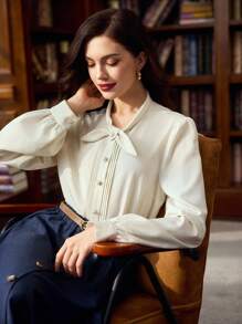 Vintamour 复古优雅仿珍珠纽扣褶皱领长袖衬衫休闲商务/度假装返校可爱上衣女士教师外出上衣女士秋季女士学校假期女士生日女士秋季办公室女士冬季女士乡村音乐会西部装女士教师衬衫女士纽扣衬衫女士工作教堂