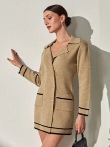 CLARA VERO 女士米色双排扣珍珠纽扣针织开衫 – 撞色饰边细节 – 优雅针织翻领夹克 – 时尚办公或休闲风格 - 駝色 - 查看 6