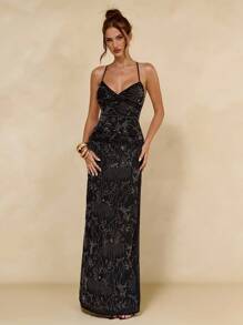 SHEIN BAE Váy thiết kế sequin hoa cho nữ, thanh lịch cho những dịp tiệc tùng - màu đen - Xem 3