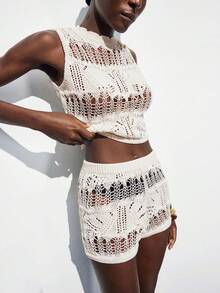 Maija 2025 Summer New Women 2pcs Set Fitted Hollow-Out Knit Top & Shorts, Fashionable Casual Beachwear, Suitable For Urban Commute & Daily Wear Festival - Beige - View 9
