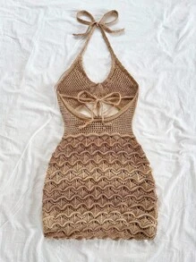 Soleia 性感细肩带 V 领镂空金属海星装饰女士紧身毛衣裙，波西米亚风，波西米亚风，浪漫花卉，度假风，花卉 - 棕色 - 查看 2