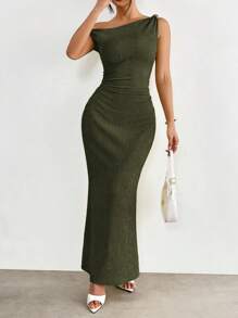 SHEIN EZwear 军绿色提花金属扣装饰不对称肩长裙 - 軍綠色 - 查看 3