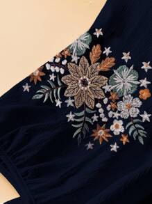 SHEIN LUNE CURVE 大码女式时尚刺绣休闲半袖衬衫 - 藏蓝色 - 查看 3